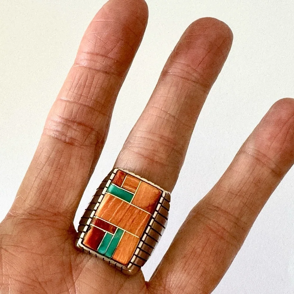 Turquoise Multi Stone Inlay Mens Ring Sz‎ 12 Navajo Sterling Signed T Jack 25mm